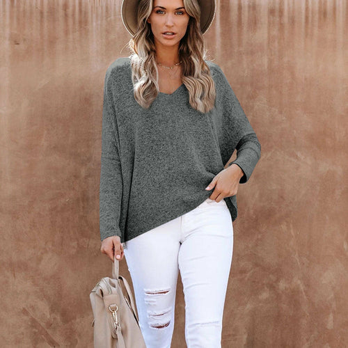 Thin Knitted T Shirt Top Woman Solid V-neck Batwing Sleeve T-shirts