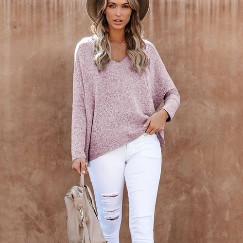 Thin Knitted T Shirt Top Woman Solid V-neck Batwing Sleeve T-shirts
