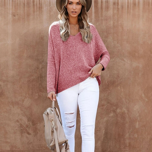 Thin Knitted T Shirt Top Woman Solid V-neck Batwing Sleeve T-shirts