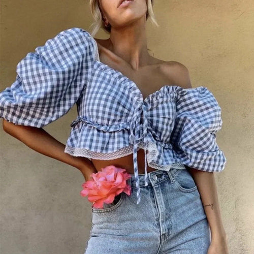 Plaid Women Lace Ruffle Blouses
