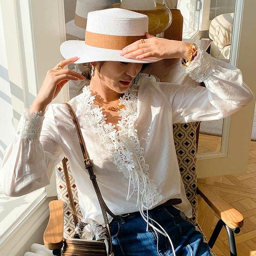 Long Sleeves 3D Flowers Neckline White Blouse Shirt