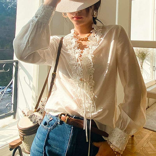 Long Sleeves 3D Flowers Neckline White Blouse Shirt