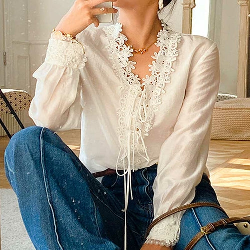 Long Sleeves 3D Flowers Neckline White Blouse Shirt