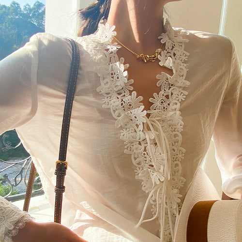 Long Sleeves 3D Flowers Neckline White Blouse Shirt