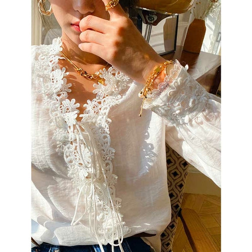 Long Sleeves 3D Flowers Neckline White Blouse Shirt