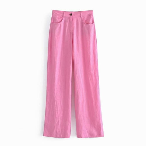 Pink Pants Linen High Waisted Woman Trousers Vintage Loose Wide Leg
