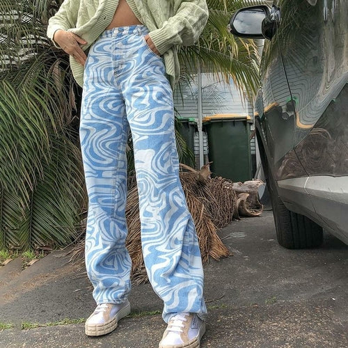 Print Straight Pants Capris High Waist Casual Vintage Streetwear