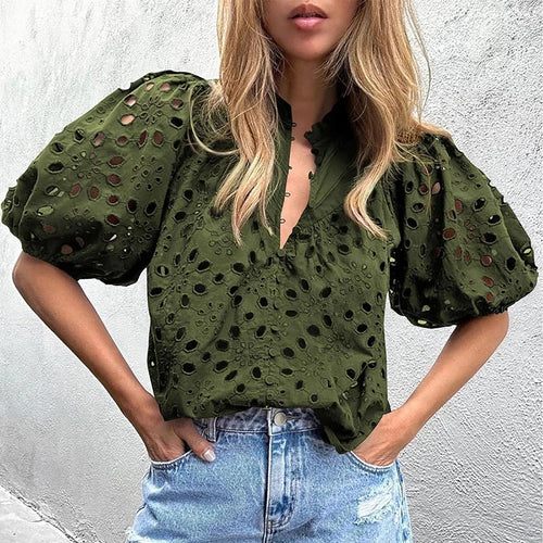 Hollowed-out Embroidery Lace Jacquard Blouse Women 2024 Spring Stand