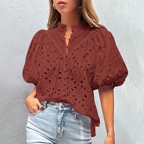 Hollowed-out Embroidery Lace Jacquard Blouse Women 2024 Spring Stand