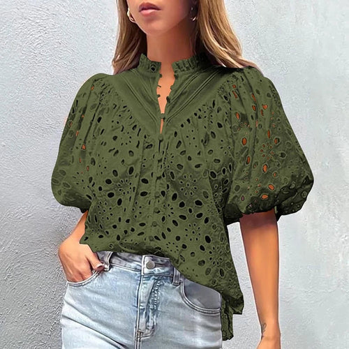 Hollowed-out Embroidery Lace Jacquard Blouse Women 2024 Spring Stand