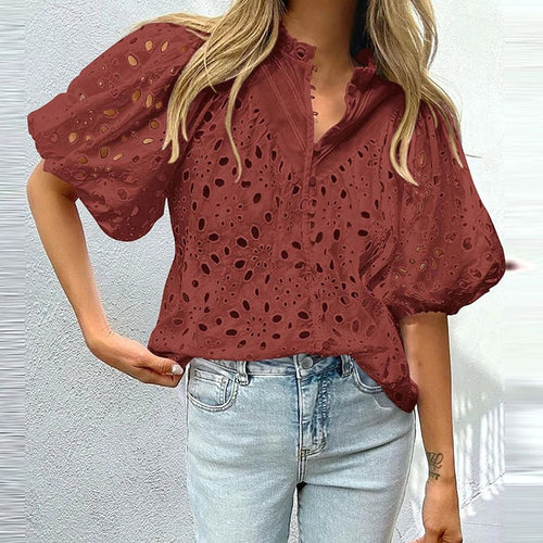 Hollowed-out Embroidery Lace Jacquard Blouse Women 2024 Spring Stand
