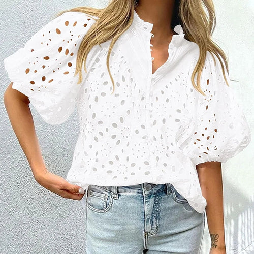 Hollowed-out Embroidery Lace Jacquard Blouse Women 2024 Spring Stand