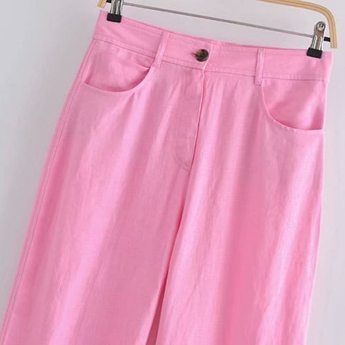 Pink Pants Linen High Waisted Woman Trousers Vintage Loose Wide Leg