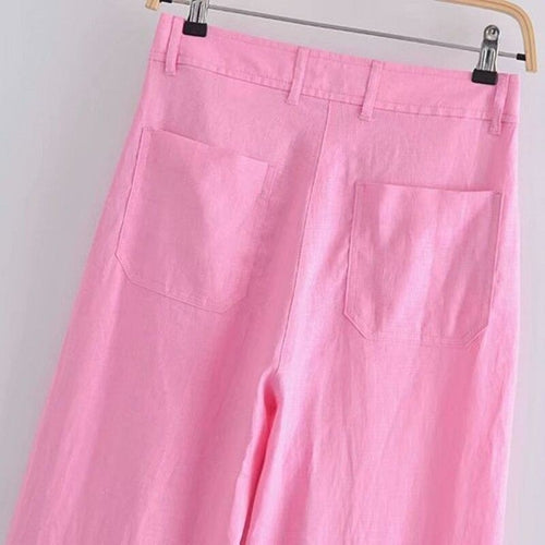 Pink Pants Linen High Waisted Woman Trousers Vintage Loose Wide Leg
