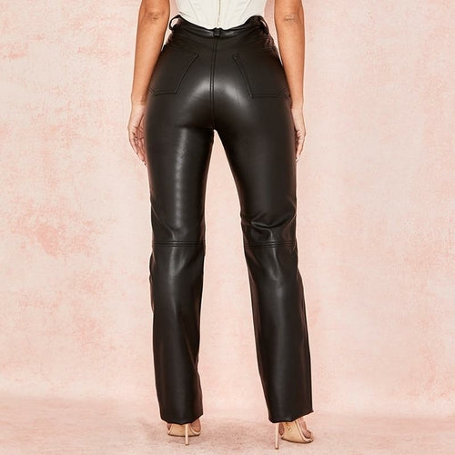 Goth Leather Pants Black High Waist Button Loose Long Trousers