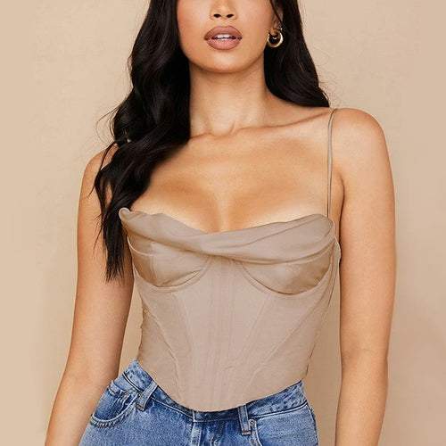 Satin Spaghetti Strap Lining Cowl Neck Corset Top