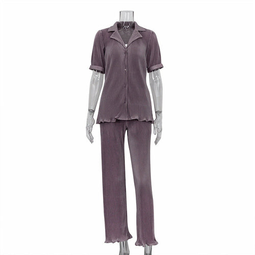 Short Sleeve Shirts 2 Pieces Sexy Green Pleated Trouser Suits