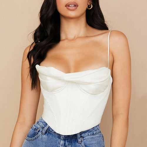 Satin Spaghetti Strap Lining Cowl Neck Corset Top