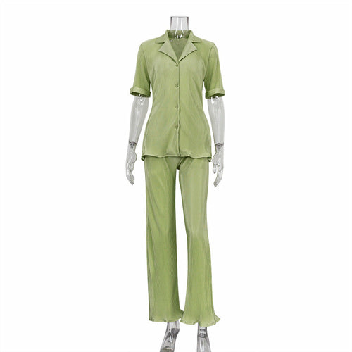 Short Sleeve Shirts 2 Pieces Sexy Green Pleated Trouser Suits