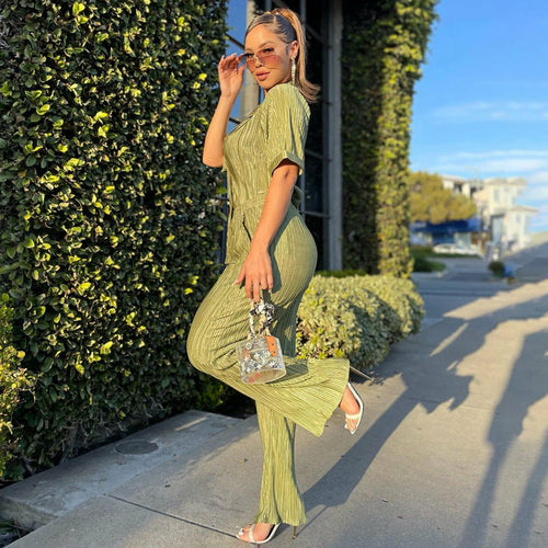 Short Sleeve Shirts 2 Pieces Sexy Green Pleated Trouser Suits