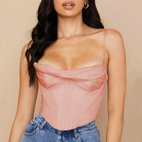 Satin Spaghetti Strap Lining Cowl Neck Corset Top