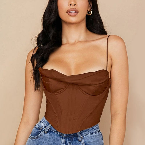 Satin Spaghetti Strap Lining Cowl Neck Corset Top