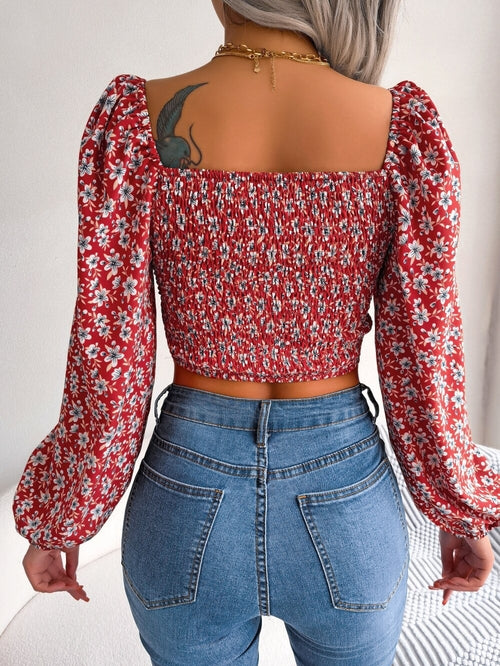 Square Neck Print Lantern Sleeve Shirring Blouse