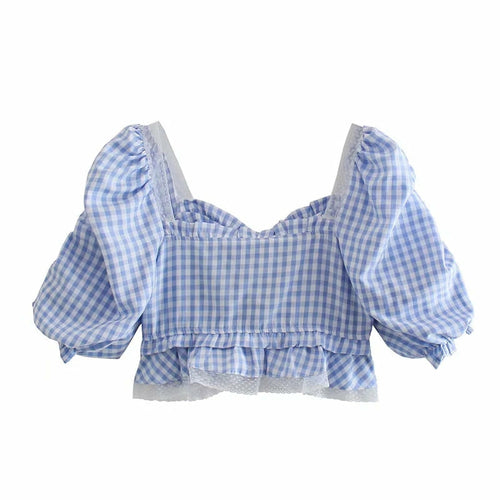 Plaid Women Lace Ruffle Blouses