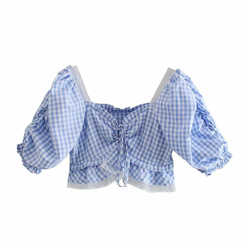 Plaid Women Lace Ruffle Blouses