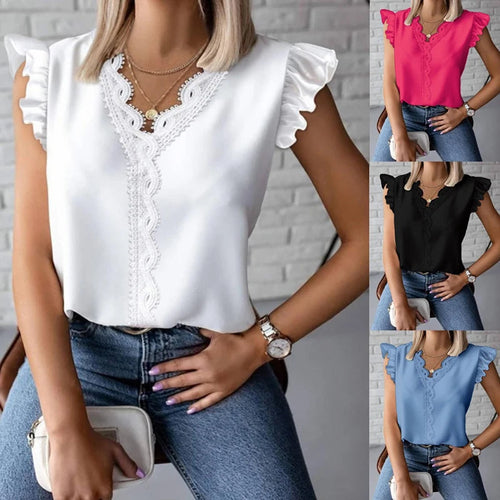 Simple Fashion V Neck Splicing Lace Blouses Women Spring Elegant Solid