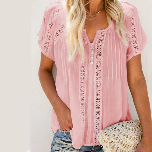 Hollow Out Blouse Short Sleeve Loose White Blouse