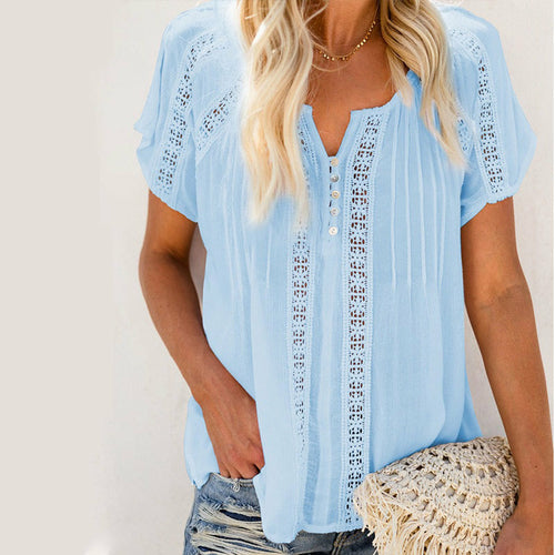 Hollow Out Blouse Short Sleeve Loose White Blouse