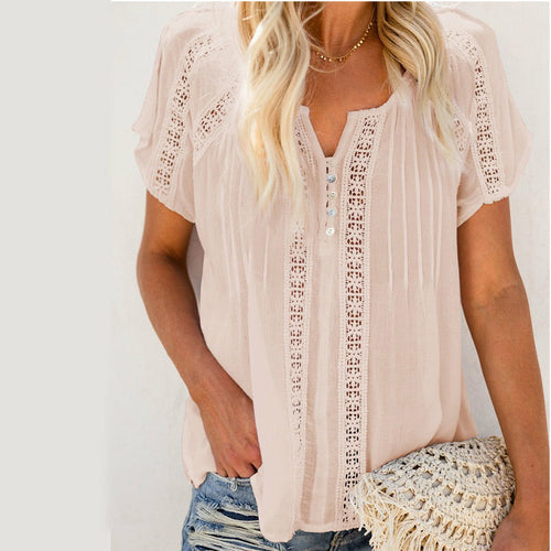 Hollow Out Blouse Short Sleeve Loose White Blouse