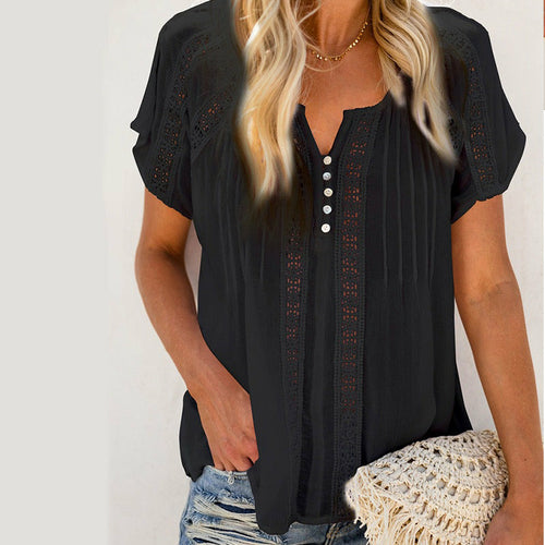 Hollow Out Blouse Short Sleeve Loose White Blouse
