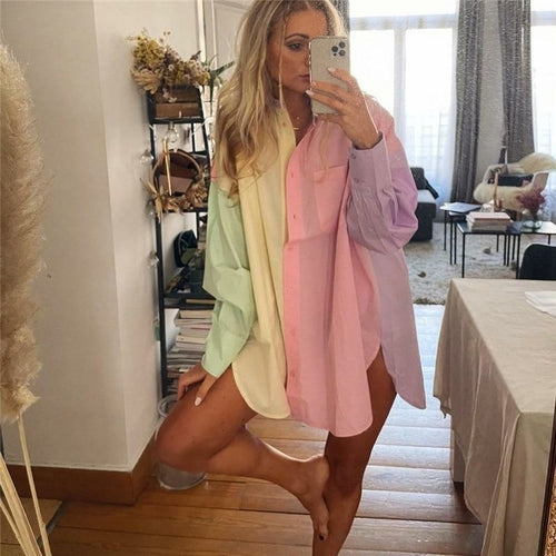 Woman Casual Loose Pink Patchwork Long Shirt Oversized Tops