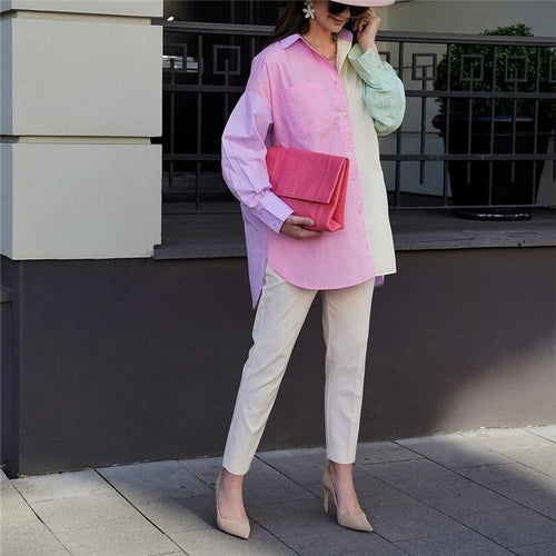 Woman Casual Loose Pink Patchwork Long Shirt Oversized Tops