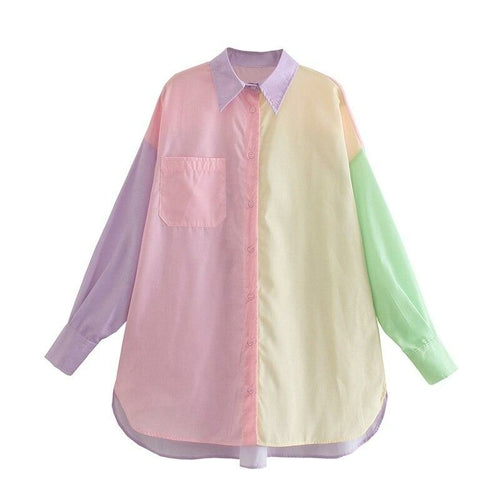 Woman Casual Loose Pink Patchwork Long Shirt Oversized Tops