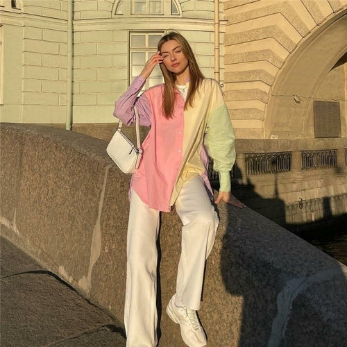 Woman Casual Loose Pink Patchwork Long Shirt Oversized Tops