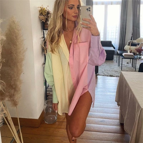 Woman Casual Loose Pink Patchwork Long Shirt Oversized Tops