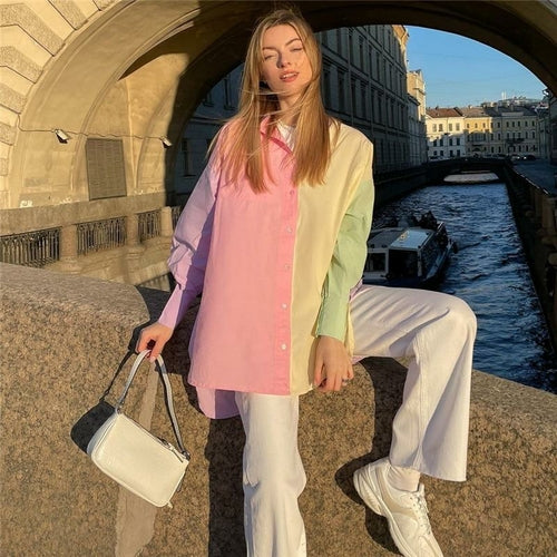 Woman Casual Loose Pink Patchwork Long Shirt Oversized Tops