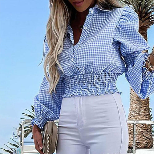Casual Plaid Shirt Fluffy Long Sleeve Button Shirts Crop Top