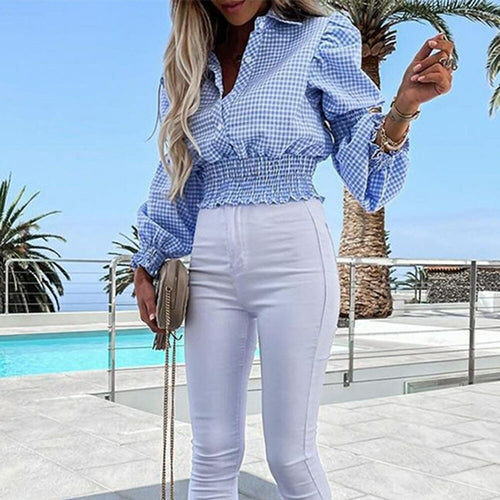Casual Plaid Shirt Fluffy Long Sleeve Button Shirts Crop Top