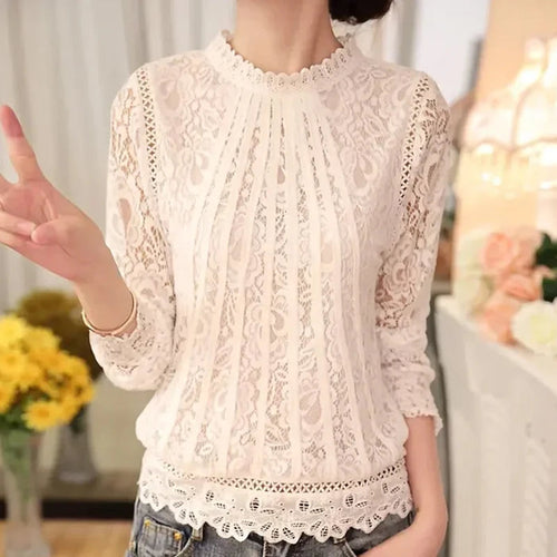 Women Long Sleeve Chiffon Lace Blouse Spring Autumn Elegant New Tops