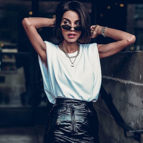 Women Padded Shoulder T-shirts Sleeveless Solid Color Round Neck Top