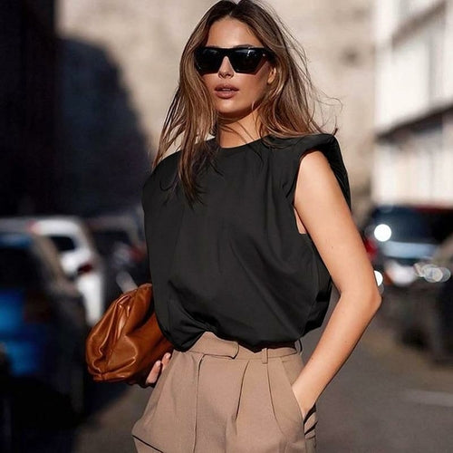 Women Padded Shoulder T-shirts Sleeveless Solid Color Round Neck Top