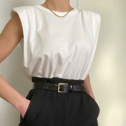 Women Padded Shoulder T-shirts Sleeveless Solid Color Round Neck Top