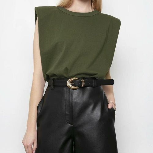 Women Padded Shoulder T-shirts Sleeveless Solid Color Round Neck Top