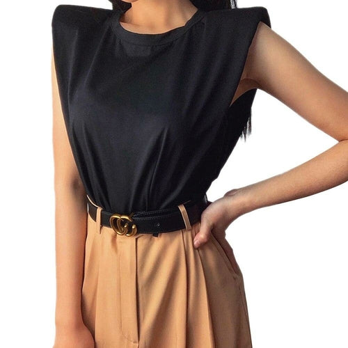 Women Padded Shoulder T-shirts Sleeveless Solid Color Round Neck Top