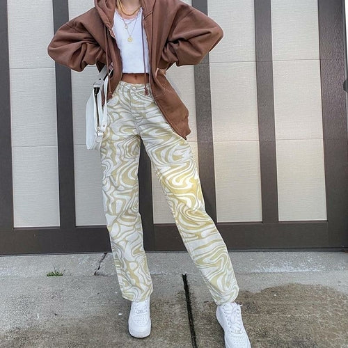 Print Straight Pants Capris High Waist Casual Vintage Streetwear