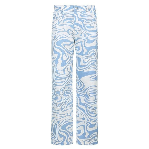 Print Straight Pants Capris High Waist Casual Vintage Streetwear